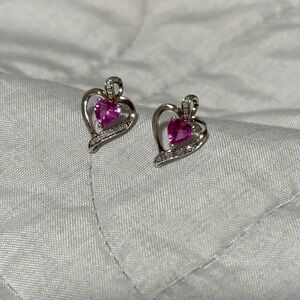 Elegant Silver Heart and Diamond Earrings with Pink Gemstone